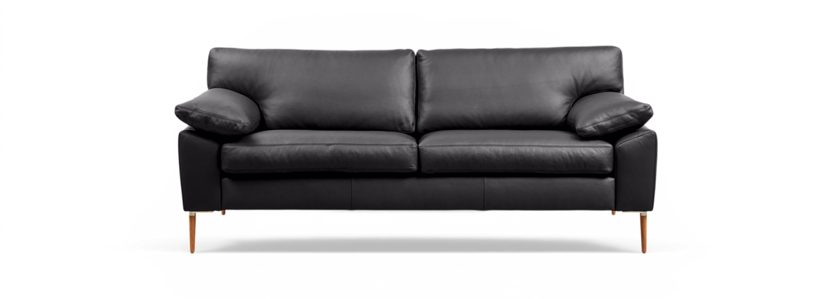 Sort lædersofa med to sædehynder, løse rygpuder og træben, frilagt på sort baggrund.