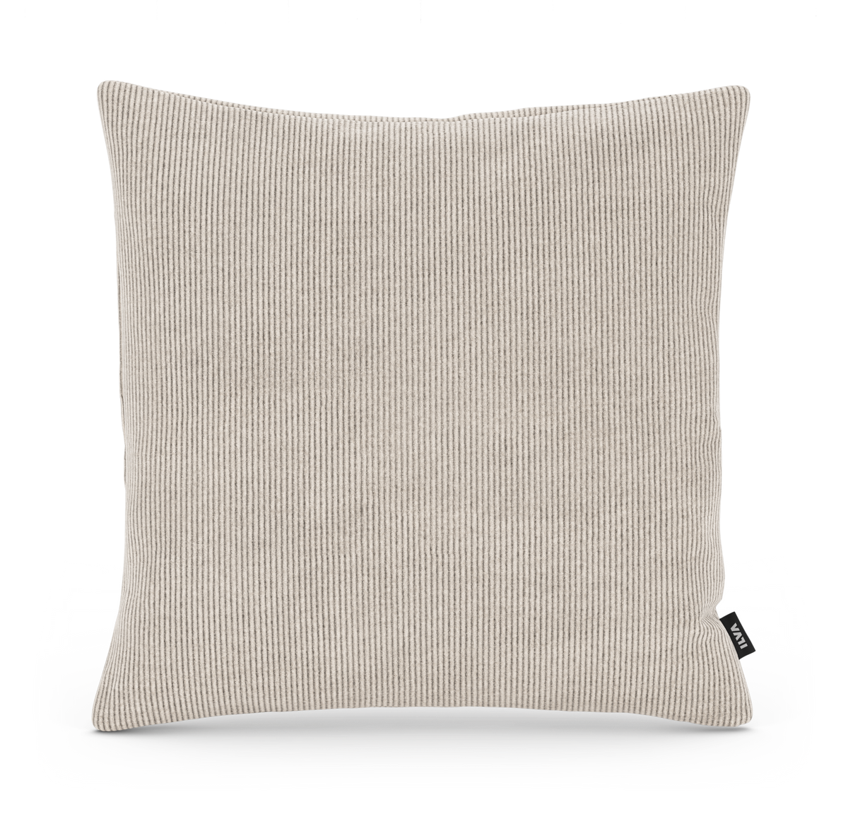Beige, rillet pyntepude med lille “VIVA”-mærke, fritlagt på hvid baggrund.