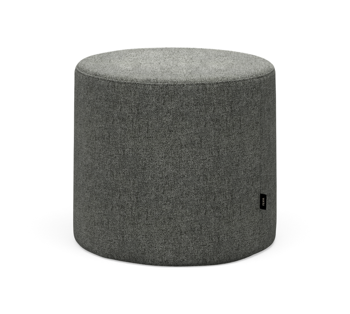 Rund grå puf/ottoman i stof med enkel, minimalistisk design.