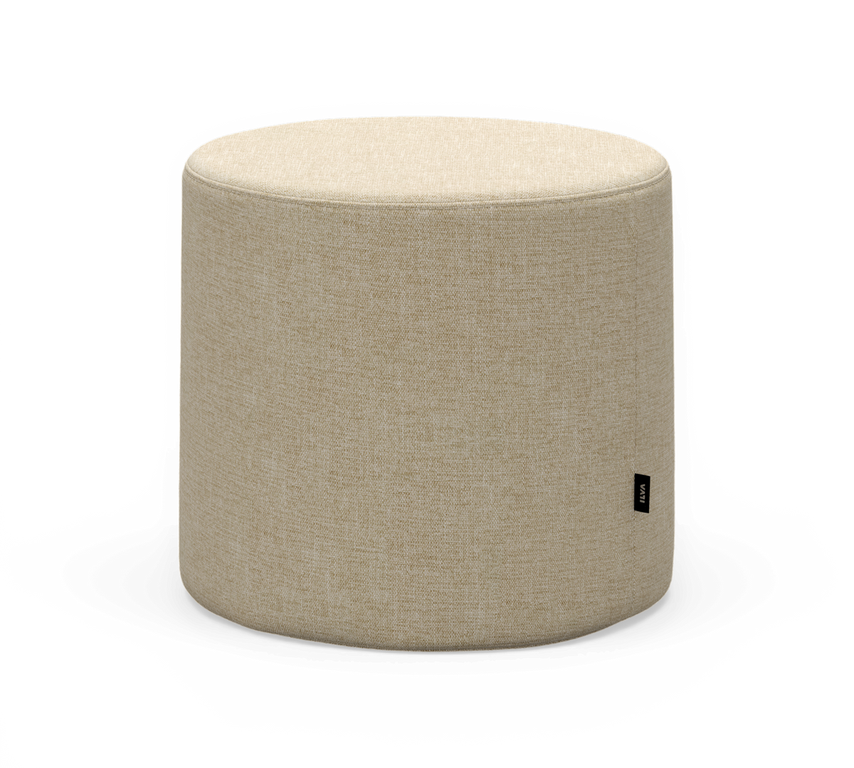 Beige cylinderformet siddepuf i tekstil med lille sort etiket mærket VIVA.