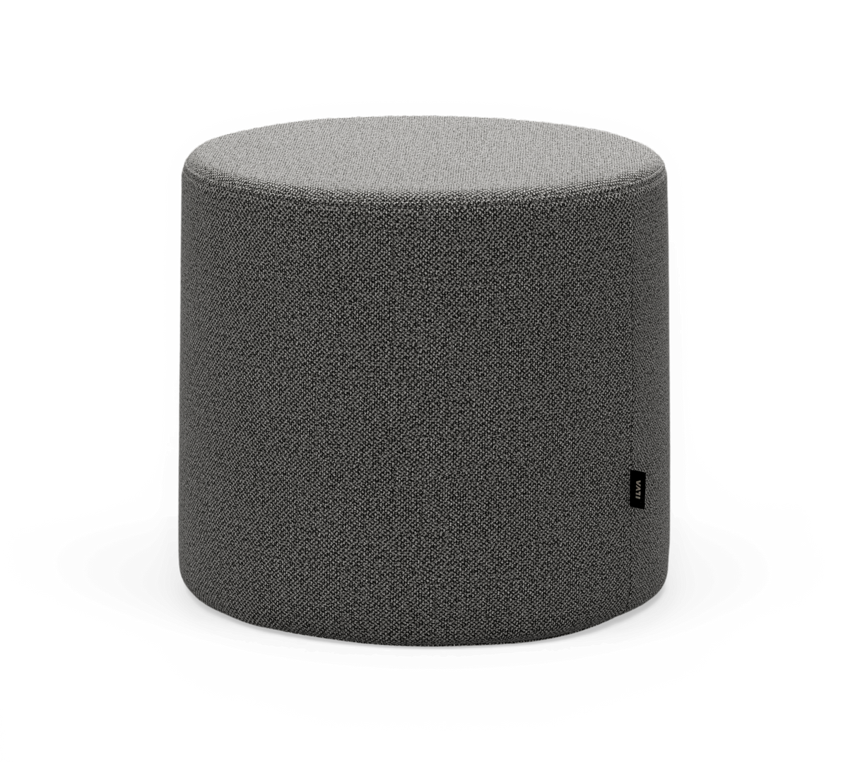Grå cylinderformet puf i tekstil med rund top, frilagt mod transparent baggrund.