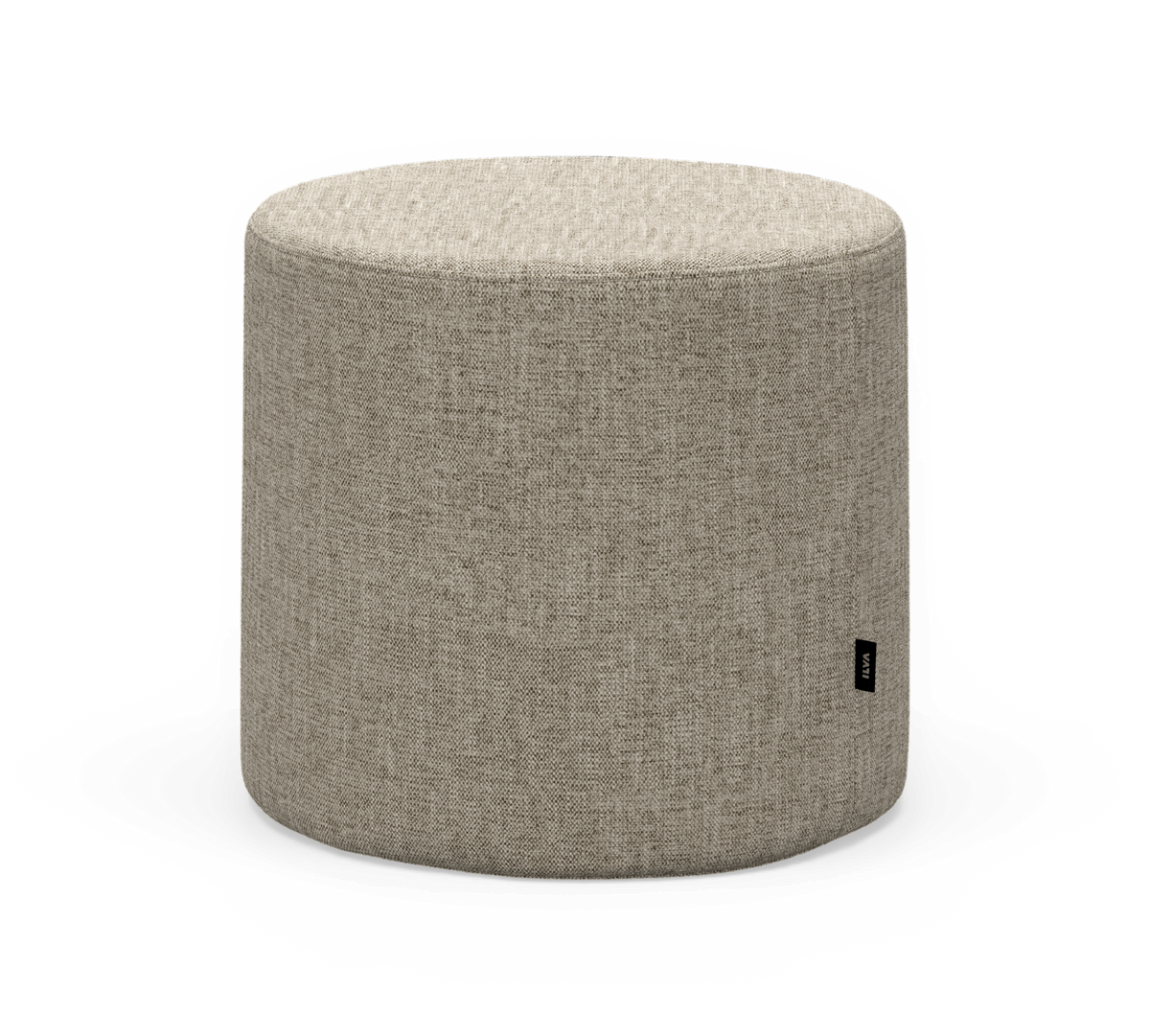 Cylindrisk beige stofpuf/ottoman på hvid baggrund.
