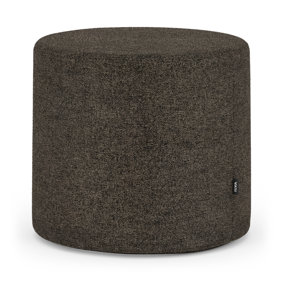 Cylindrisk mørkegrå stofpuf i enkelt, moderne design på hvid baggrund.