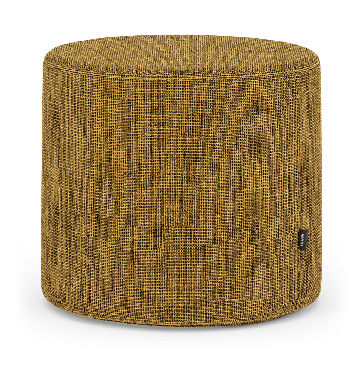Rund sennepsgul puff/ottoman i tekstil, frilagt på hvid baggrund.