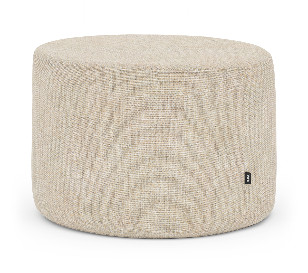 Beige rund puf i stof med diskret mærke VIVA.