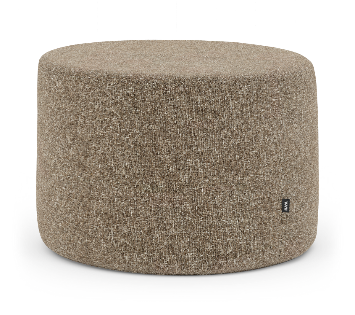 Rund beige puf i tekstil, fritlagt mod hvid baggrund.