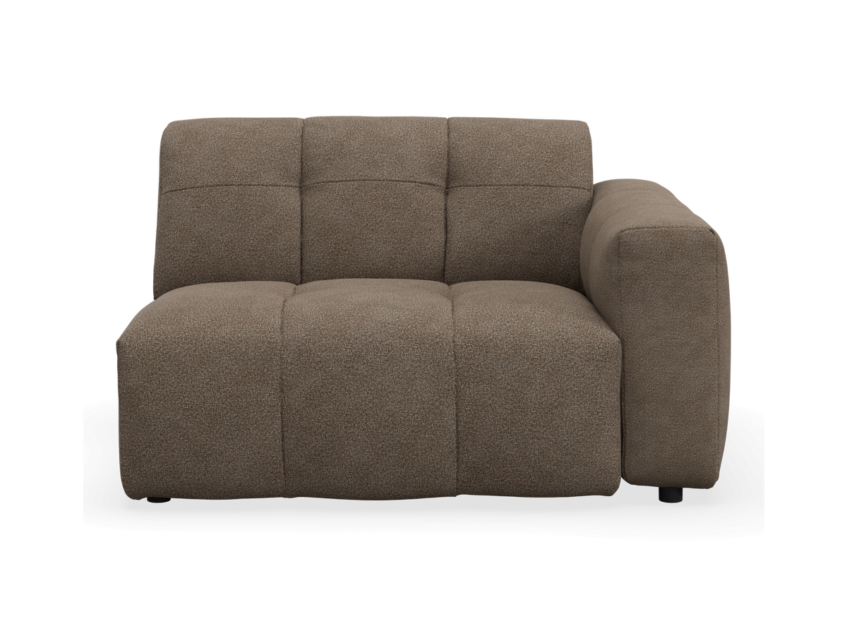 Brun modulsofa i bouclé med højre armlæn, frontvisning, frilagt på hvid baggrund.
