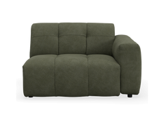 Puffy modulsofa i grønt bouclé-stof med højre armlæn, set forfra.