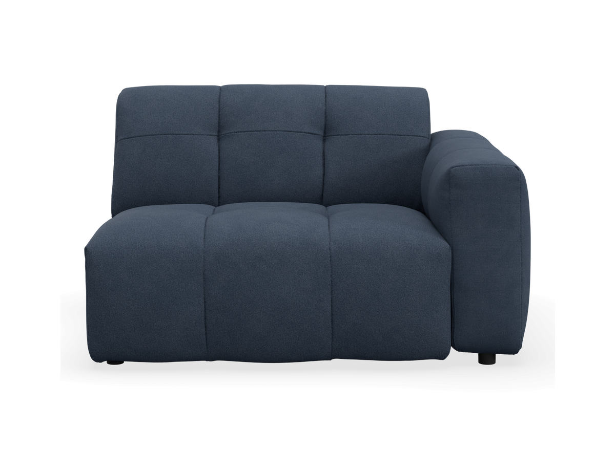 Mørkeblå modulsofa med højre armlæn set forfra.