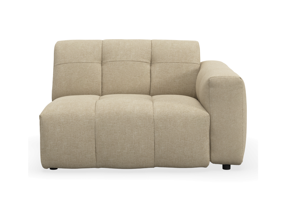 Beige modulsofa med højre armlæn i frontvisning, isoleret mod neutral baggrund.