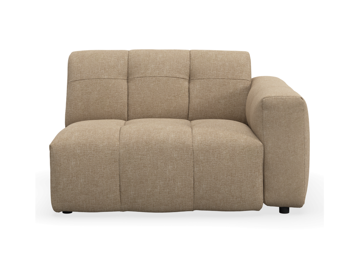 Beige modulsofa med højre armlæn, frontvisning.