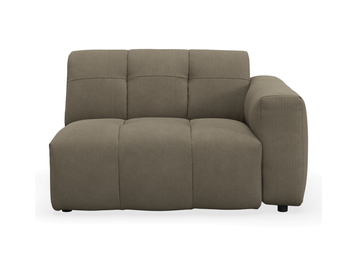 Taupe højrevendt modulsofa-stol set forfra på hvid baggrund.