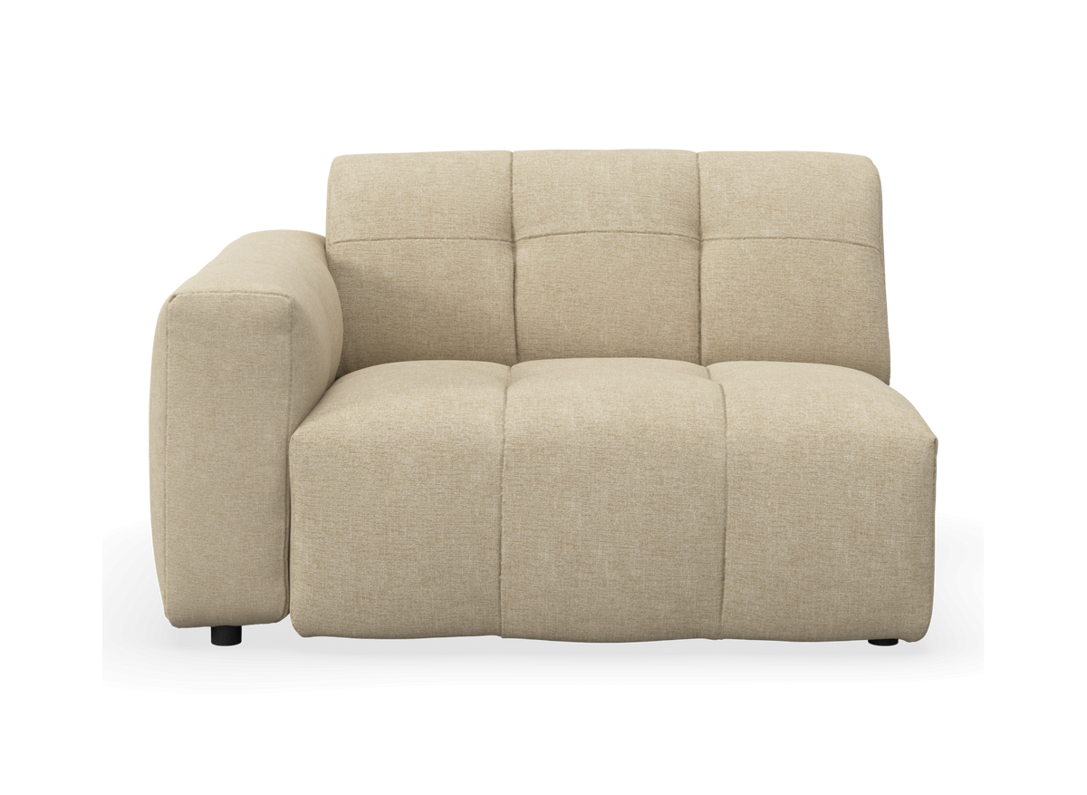 Beige modulsofa med venstre armlæn, frontvisning på frilagt baggrund.