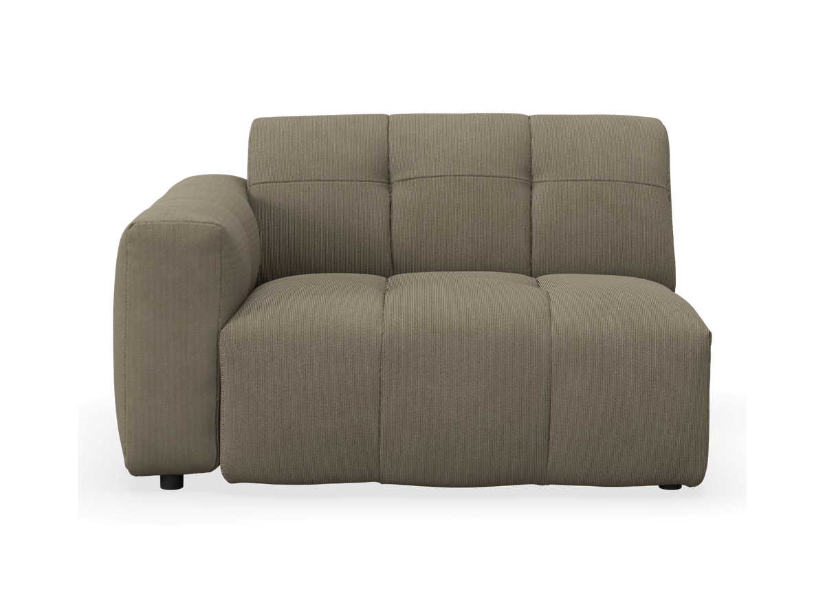 Modulsofa med venstre armlæn i beige stof, set forfra.