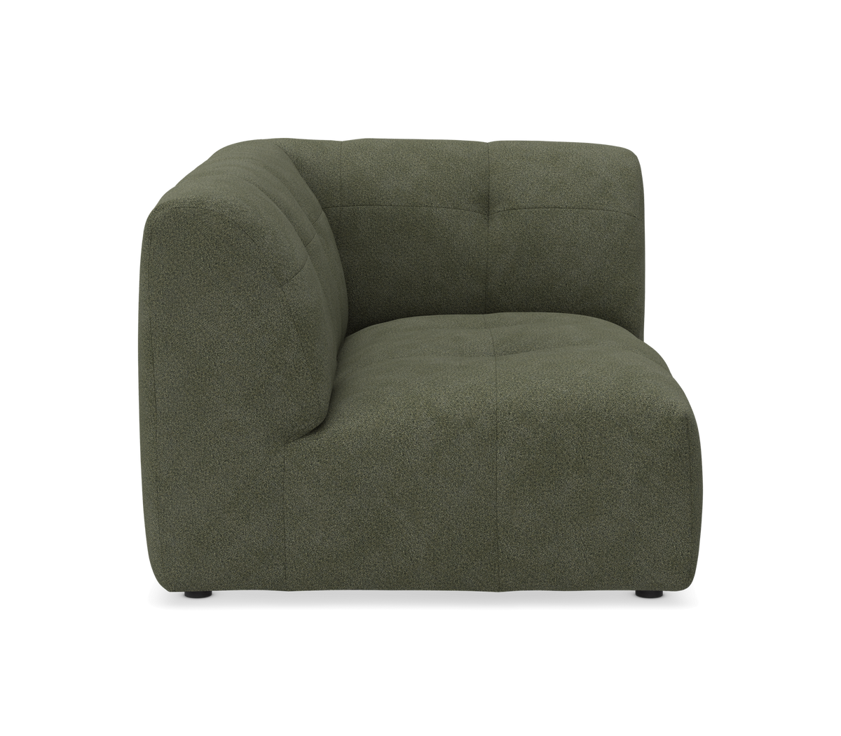 Grøn hjørnemodul til sofa med blødt, rundet design i mosgrøn bouclé, set forfra i studie.