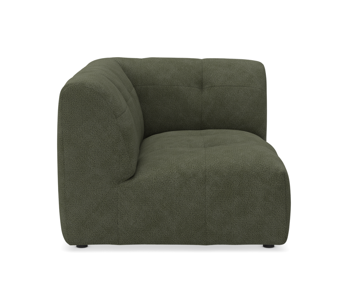 Grøn modulsofa hjørnesektion i tekstil, frilagt forfra.