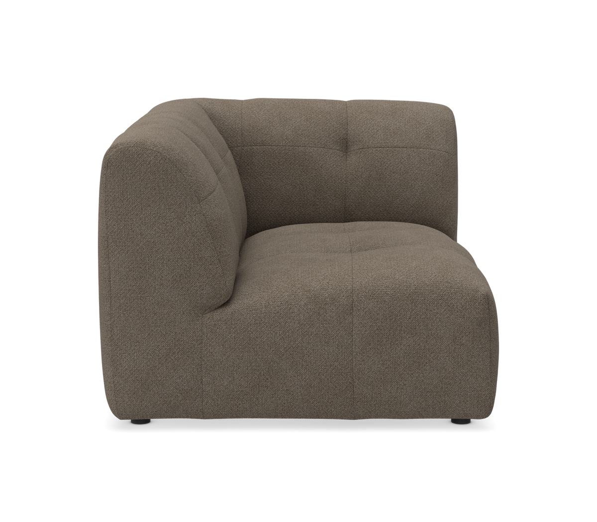 Brun stofbeklædt hjørnemodul til sofa, frontvisning på hvid baggrund.