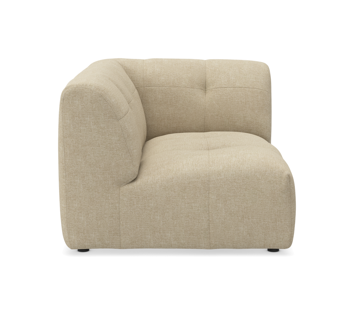 Beige modulært hjørnesæde med afrundede, tuftede hynder, frilagt på hvid baggrund.