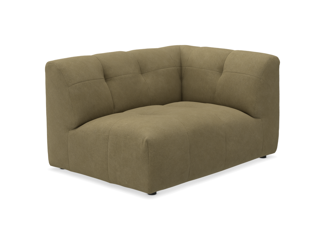 Olivengrøn hjørnemodul til sofa med tuftet polstring, frilagt på transparent baggrund.