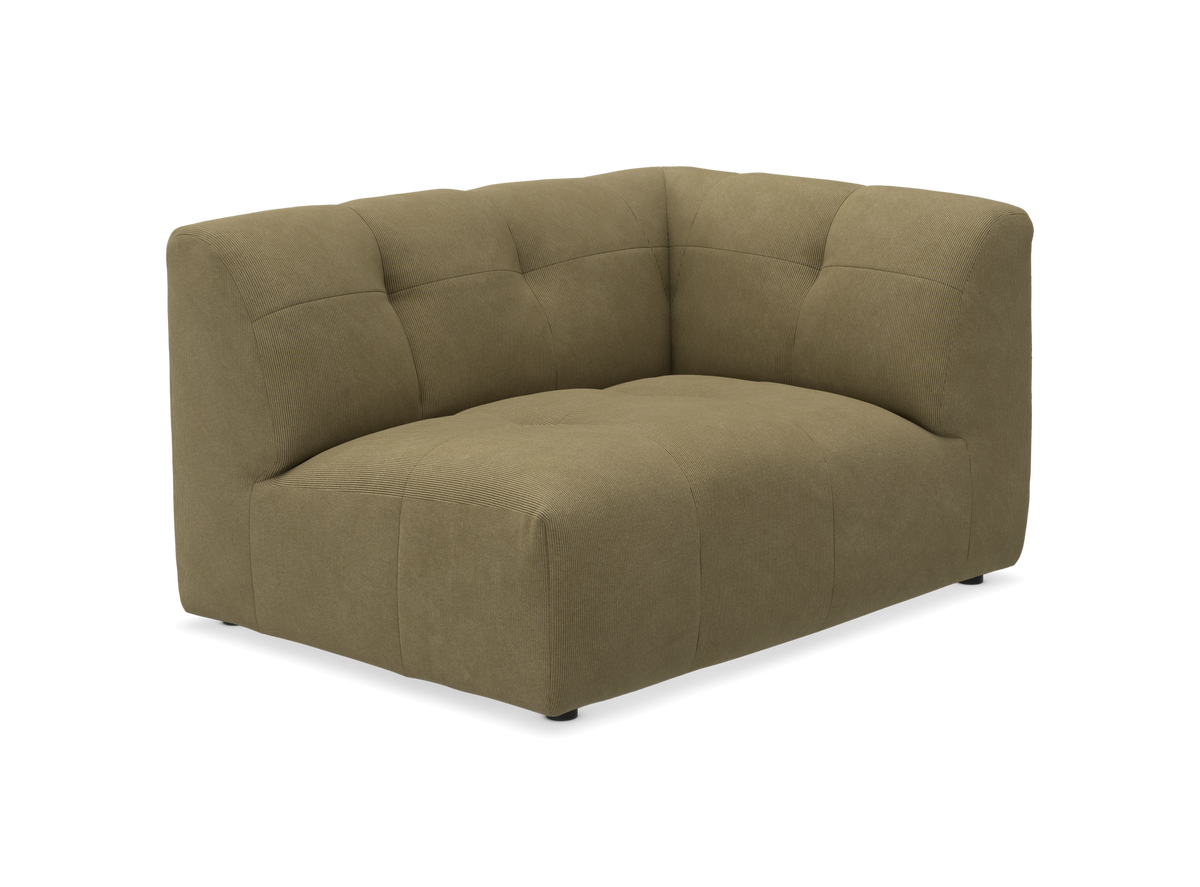 Olivengrøn hjørnemodul til sofa med tuftet polstring, frilagt på transparent baggrund.