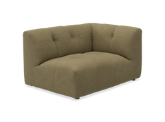 Olivengrøn hjørnemodul til sofa med tuftet polstring, frilagt på transparent baggrund.