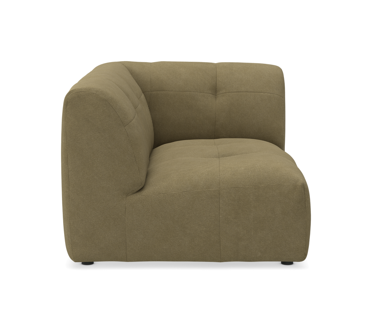 Sofa-hjørnemodul i olivengrøn corduroy, set fra siden.