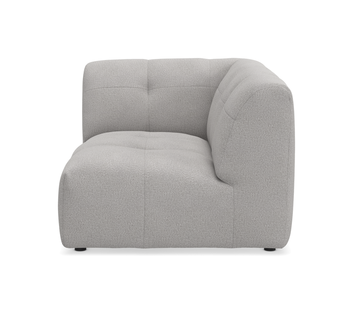 Lysegrå modulsofa, hjørnemodul i bouclé-lignende stof på studiebaggrund, set forfra.