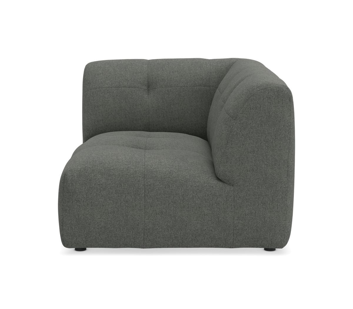 Grå modulsofa, hjørnemodul med blød polstring, set forfra.