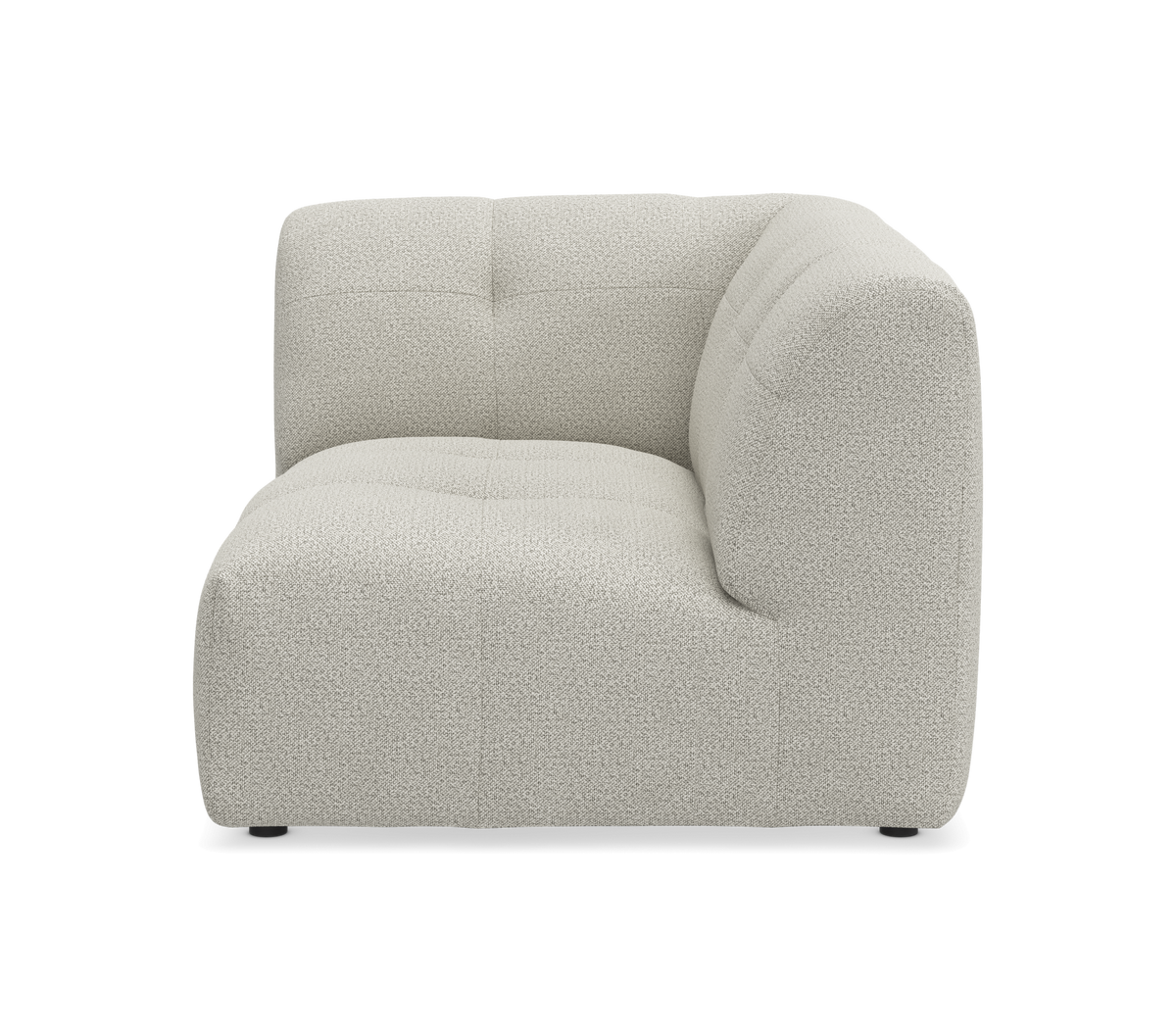 Lys beige hjørnemodul til modulsofa i boucléstof, frontvisning på frilagt baggrund.
