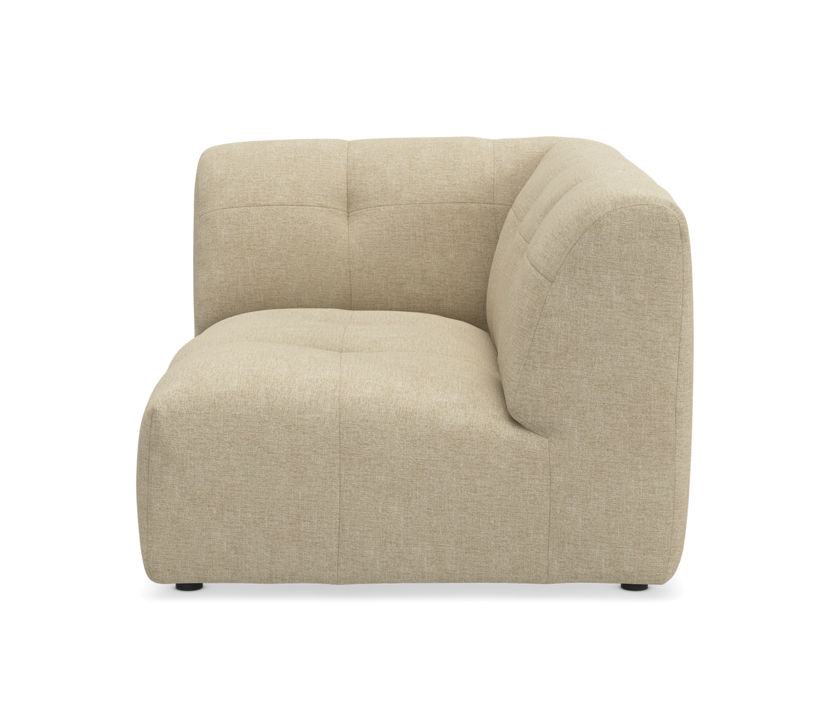 Beige hjørnemodul til sofa med bløde, afrundede former og let quiltede syninger, fotograferet på hvid baggrund.