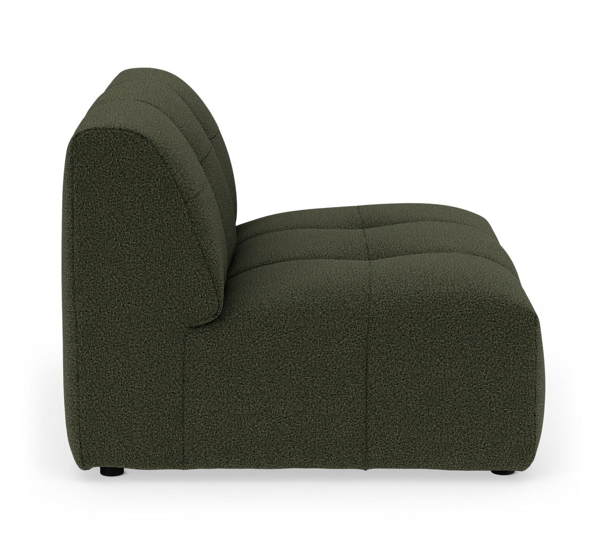 Mørkegrøn modulsofa set fra siden på hvid studiobaggrund.