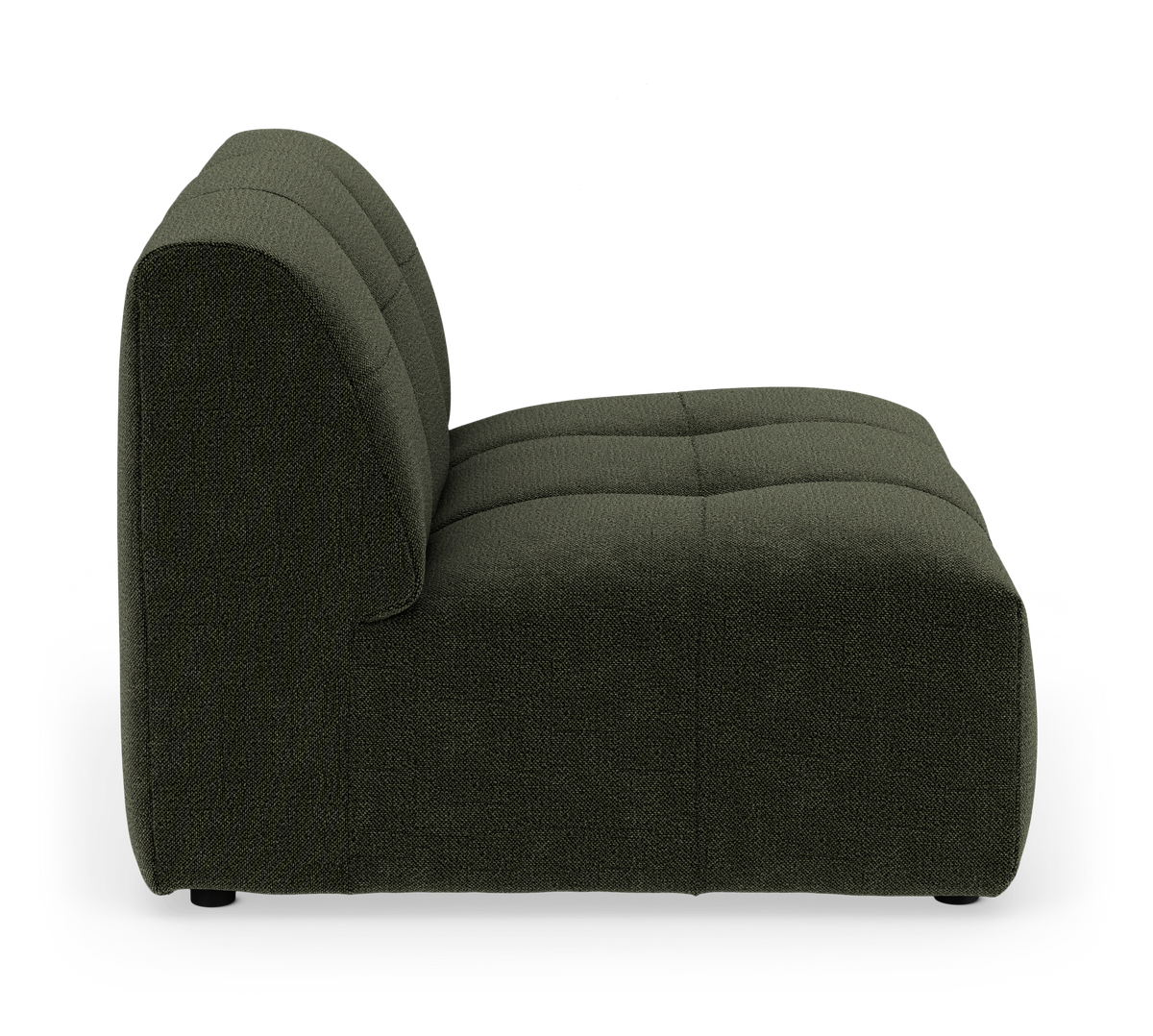 Mørkegrøn modulsofa i stof, set fra siden på hvid studiebaggrund.