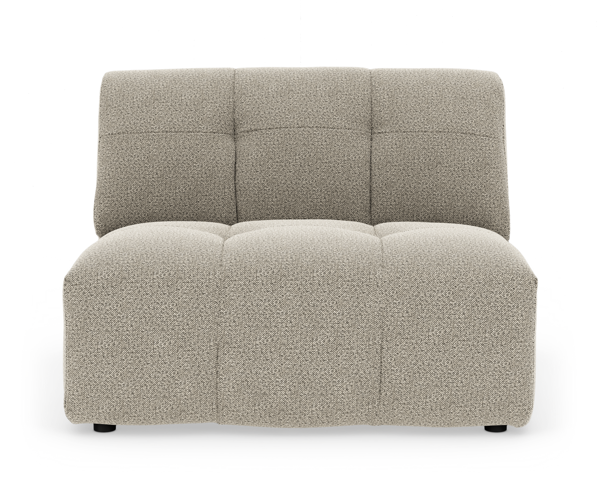 Frontvist armløs modulsofa i beige stof på hvid baggrund.