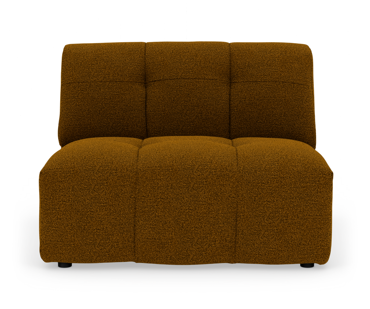 Brun modulsofa uden armlæn, frontvisning på hvid baggrund.