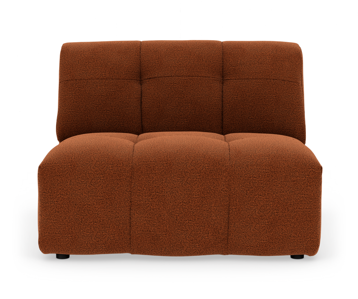 Modulsofa uden armlæn i rustbrun tekstil, set forfra mod hvid baggrund.