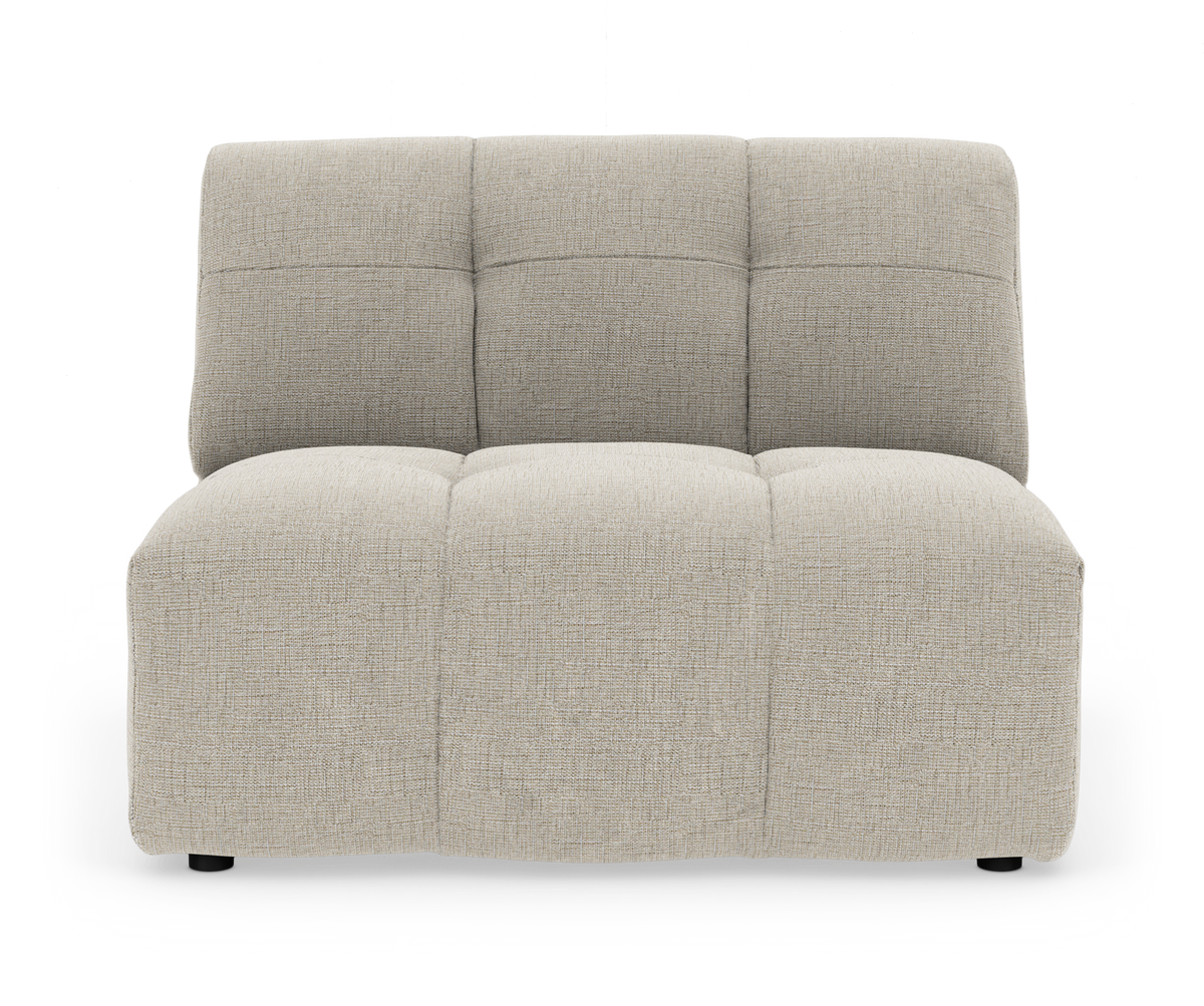 Beige modulsofa uden armlæn med bløde, kvadratsyede puder, frontvisning på hvid studiobaggrund.