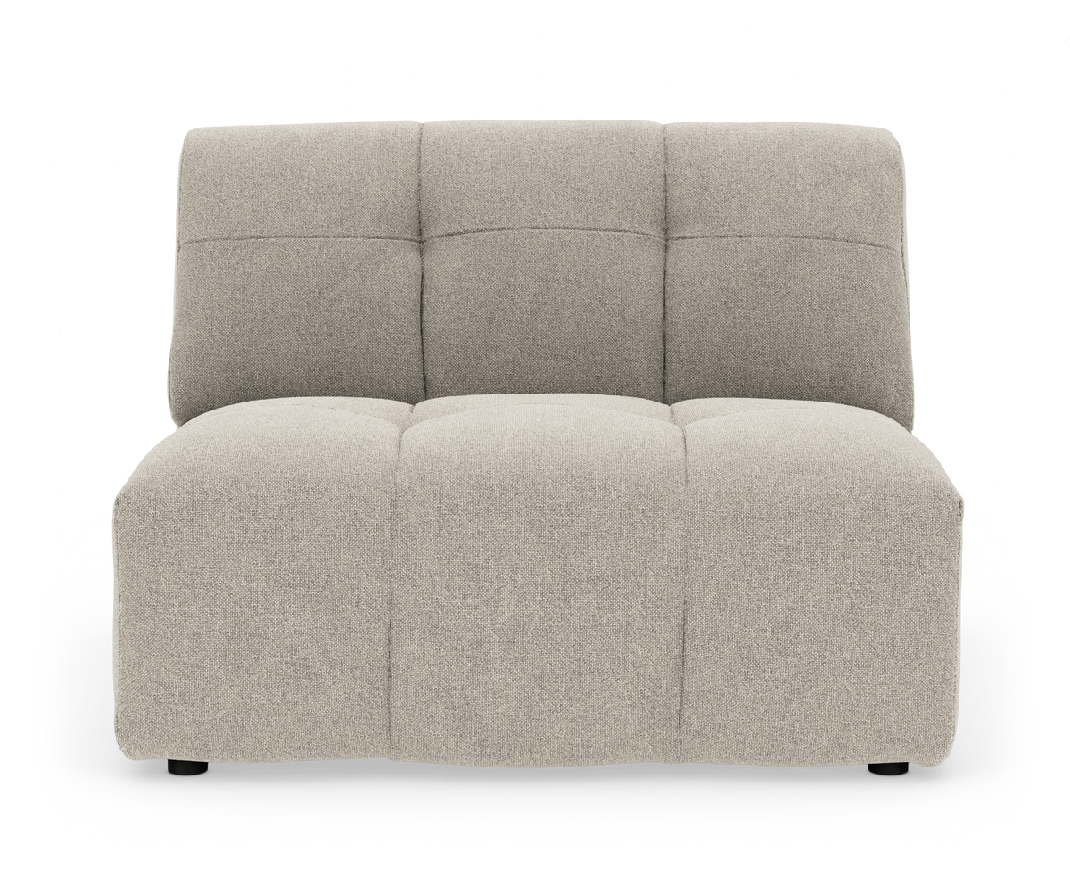 Beige modulsofa uden armlæn, fotograferet lige forfra i studiemiljø.