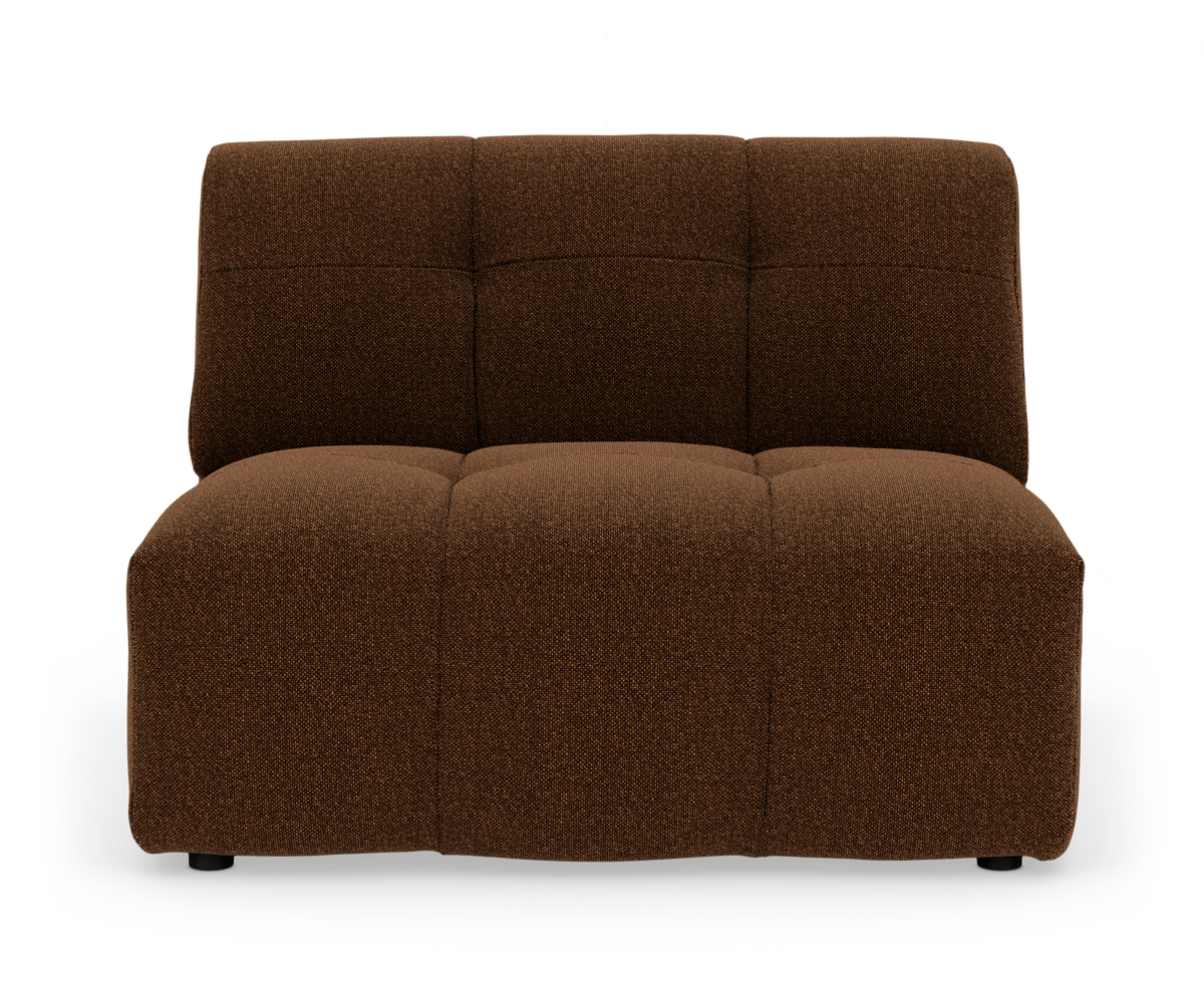 Brun modulsofa uden armlæn, frontvisning på hvid studiebaggrund.