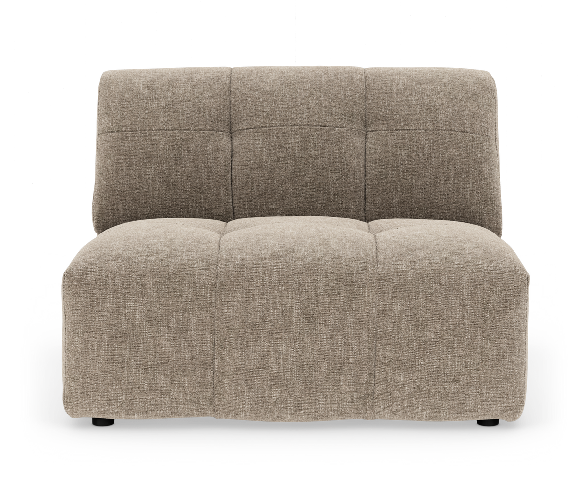 Modulsofa, armløs midtersektion i beige stof med kvadratsyninger, fritlagt på hvid baggrund.