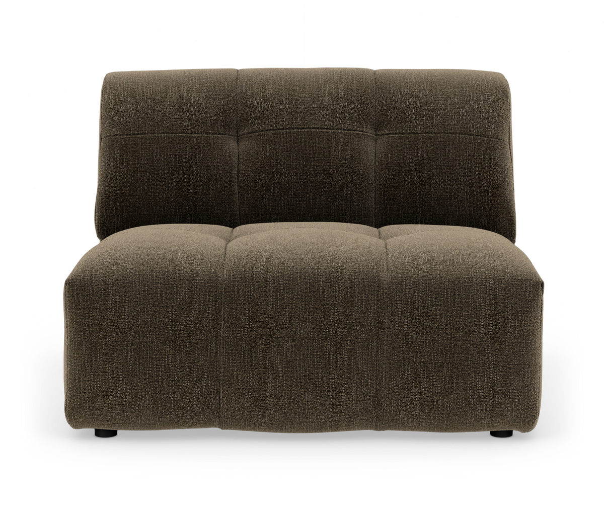 Brun modulsofa uden armlæn, frontvisning i studie på hvid baggrund.