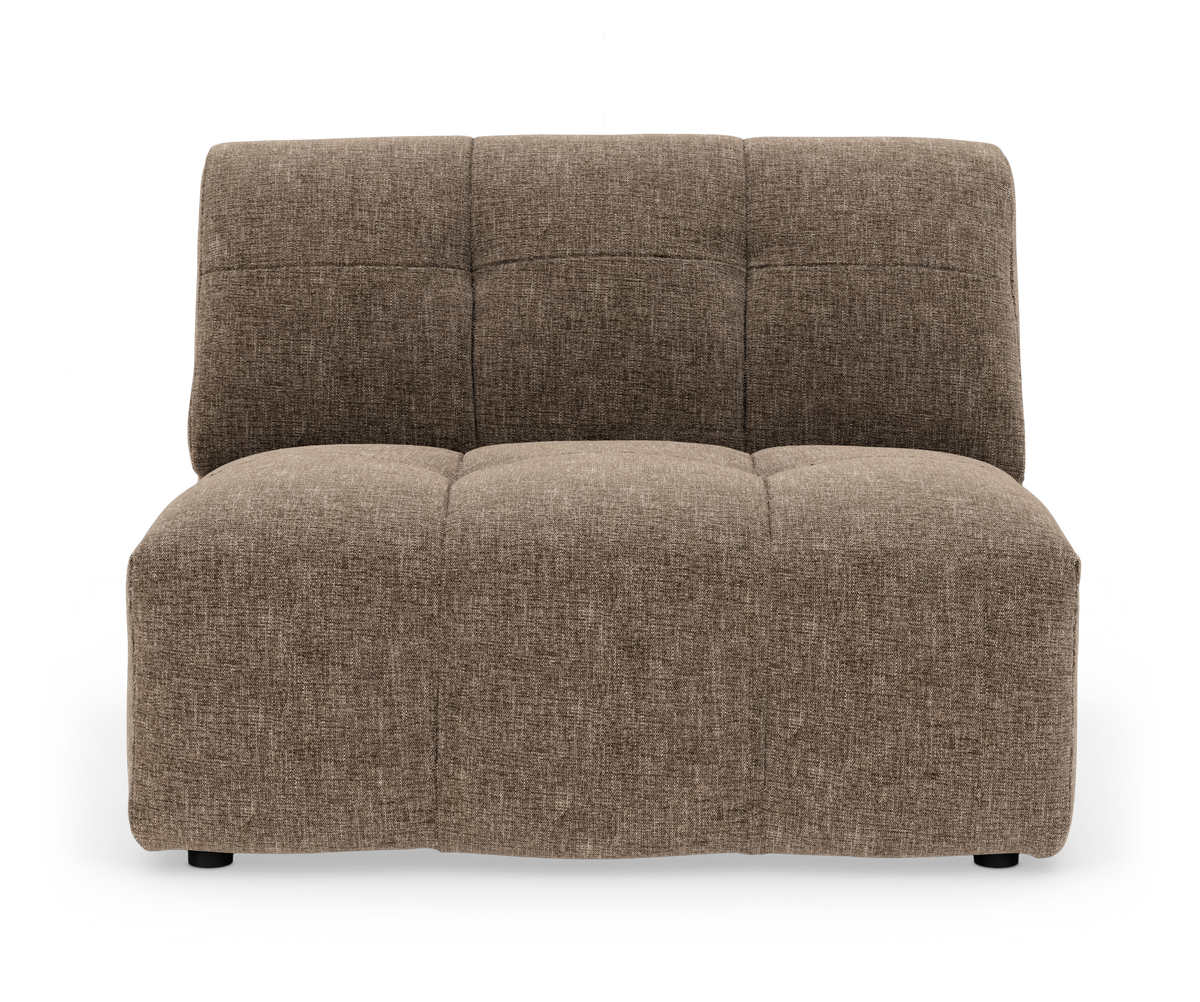 Brun stofbetrukket modulsofa uden armlæn set lige forfra på hvid baggrund.