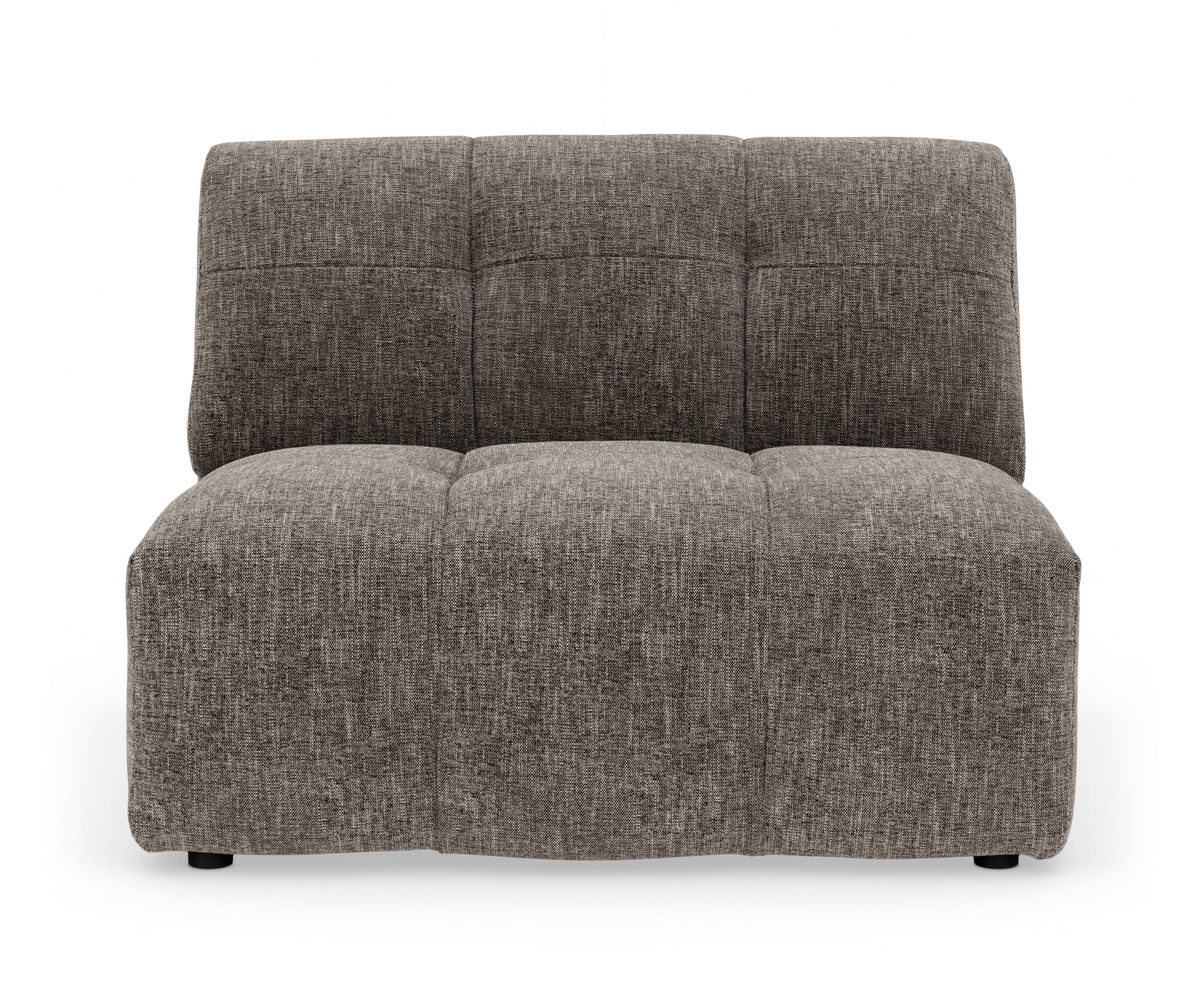 Modulsofa uden armlæn i gråt stof, frontvisning på hvid baggrund.