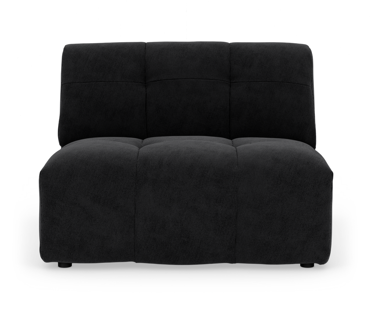 Sort armløs modulsofa set forfra i studie.