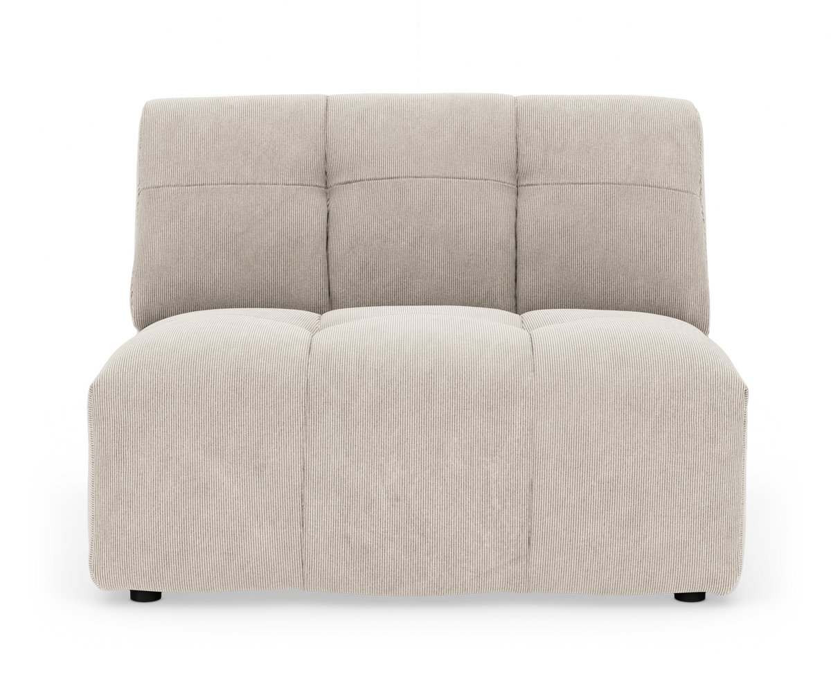 Beige modulsofa uden armlæn set forfra på hvid studiobaggrund.