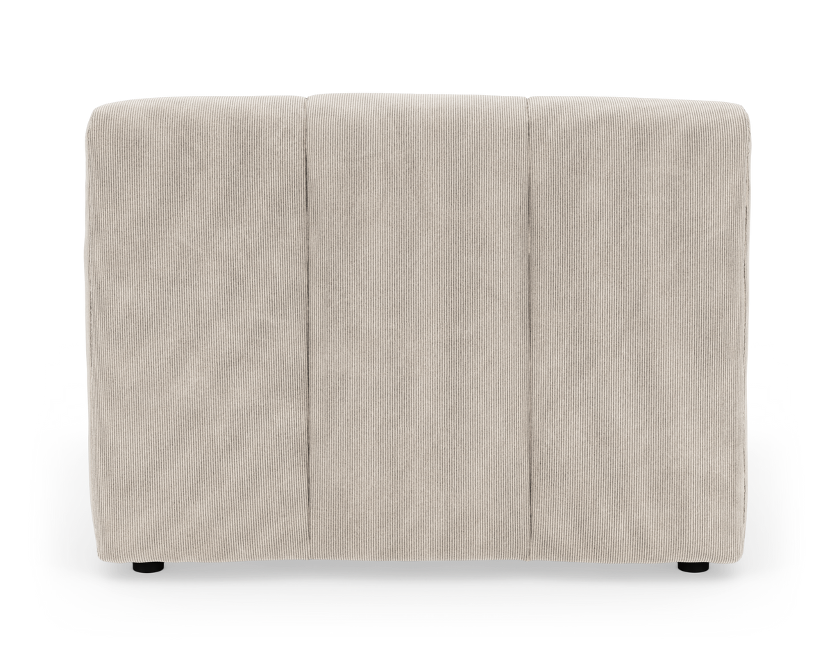 Bagside af beige modulsofa i fløjl/corduroy med tre lodrette sektioner, frilagt på hvid baggrund.