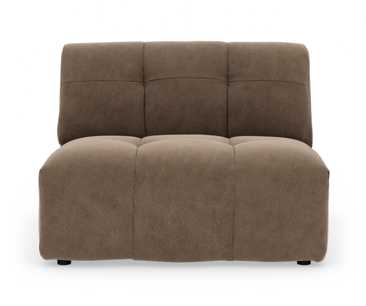 Brun modulsofa uden armlæn i rillet tekstil, frontvisning på hvid baggrund.