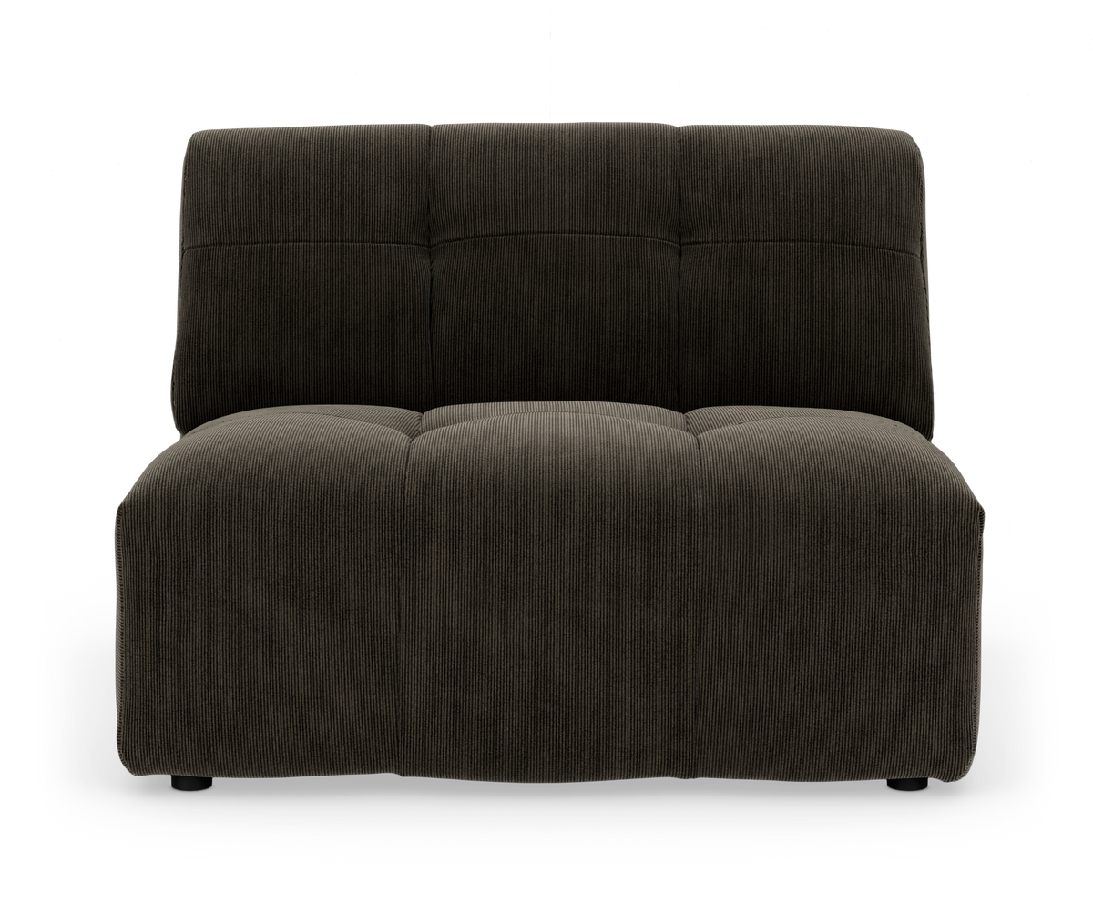 Mørk brun modulsofa uden armlæn på hvid baggrund, set forfra.
