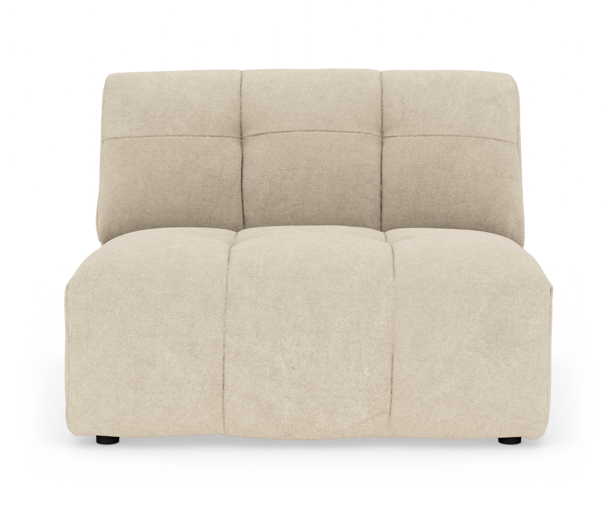 Beige armløs modulsofa i stof, frontvisning med bløde, quiltede sektioner.
