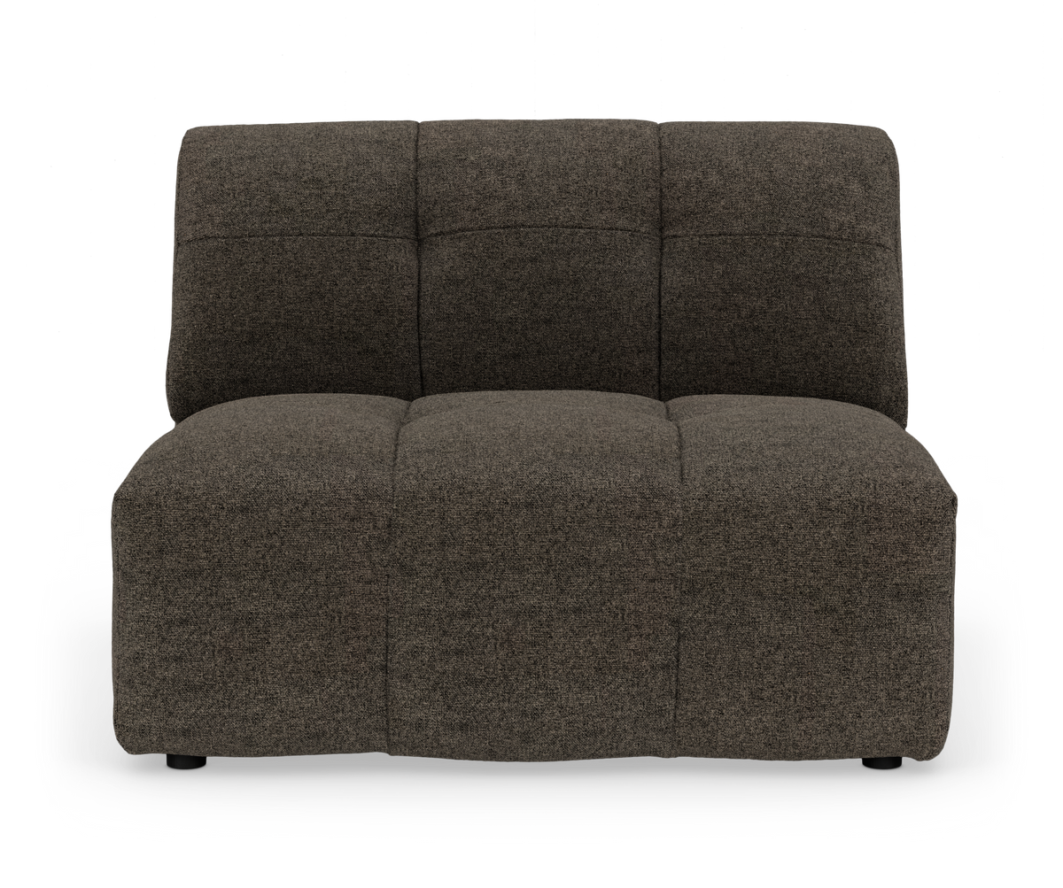 Armløs modulsofa i mørkebrun stof, frontvisning mod hvid baggrund.
