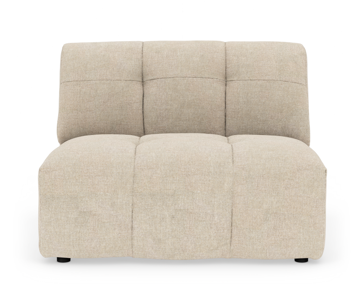 Beige modulsofa uden armlæn med bløde, quiltede sæde- og ryghynder, fritlagt mod hvid baggrund.